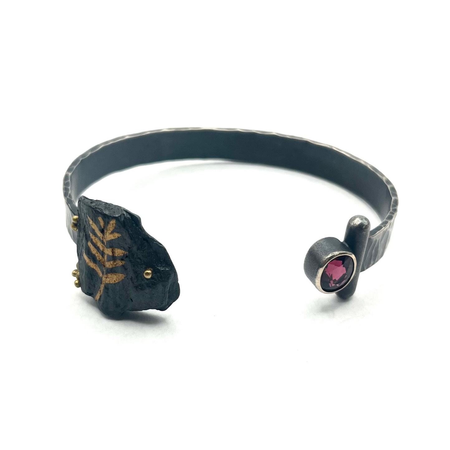 Sterling Silver, 18kt Gold, 24kt Gold, with Umbalite Garnet "Fossil Torc" Bracelet cuff, LM0066, Lisa Mueller