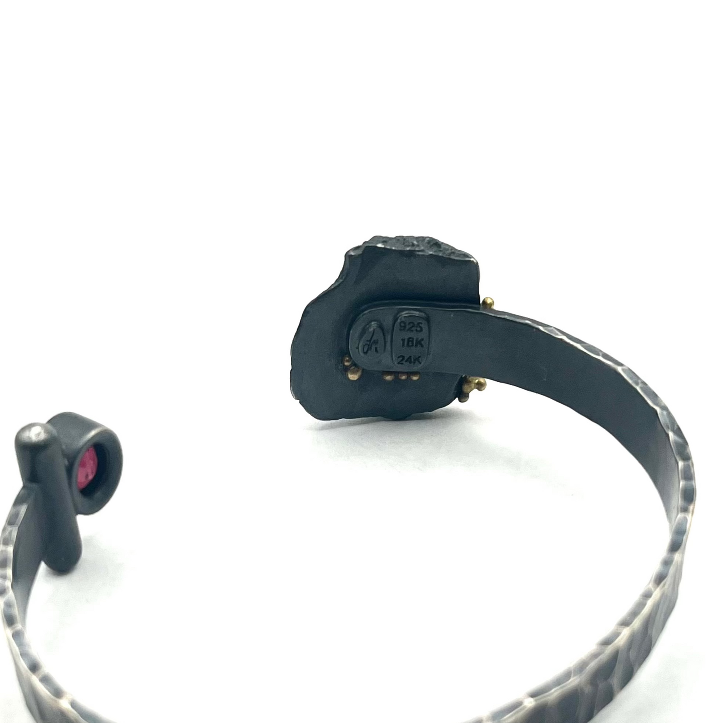 Sterling Silver, 18kt Gold, 24kt Gold, with Umbalite Garnet "Fossil Torc" Bracelet cuff, LM0066, Lisa Mueller
