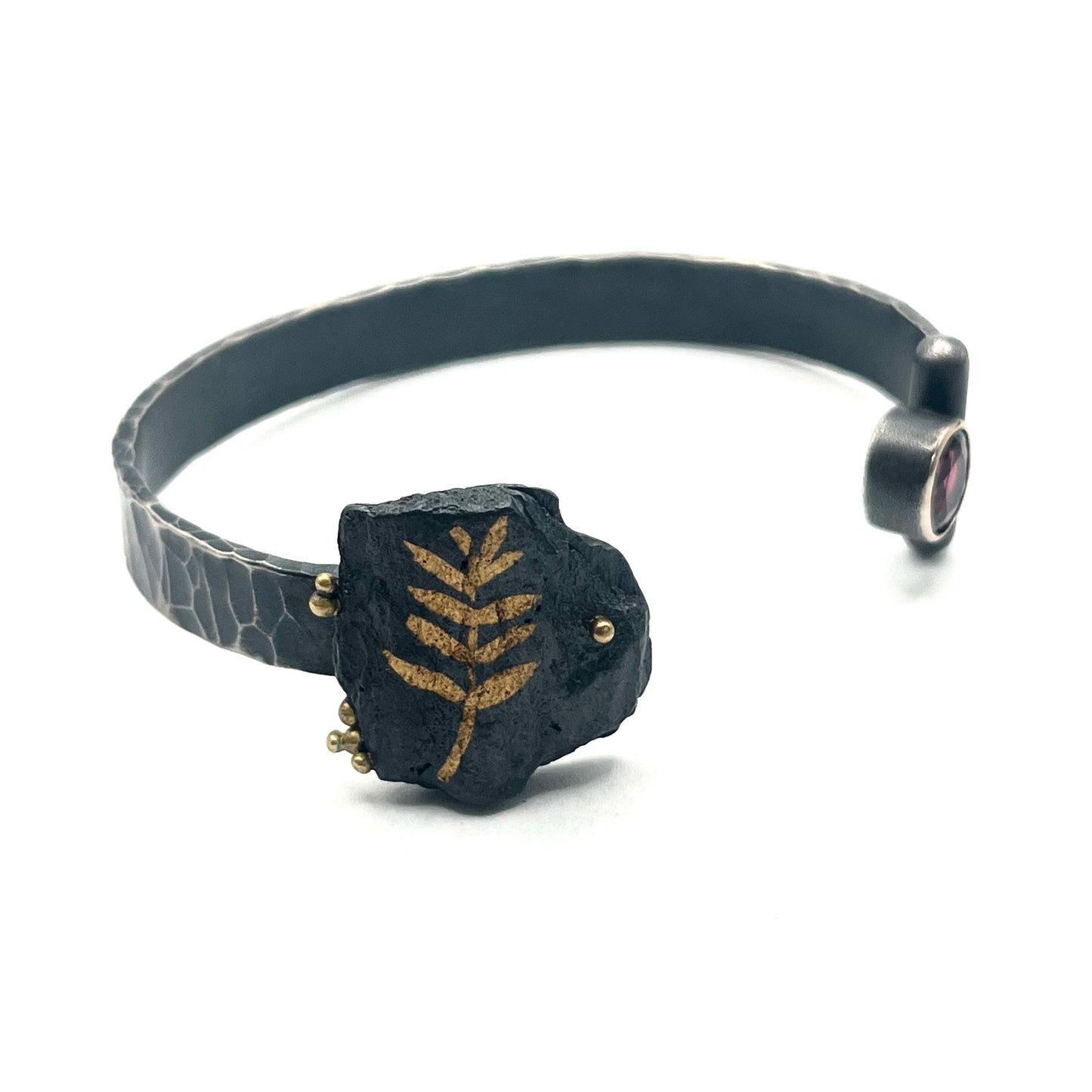 Sterling Silver, 18kt Gold, 24kt Gold, with Umbalite Garnet "Fossil Torc" Bracelet cuff, LM0066, Lisa Mueller