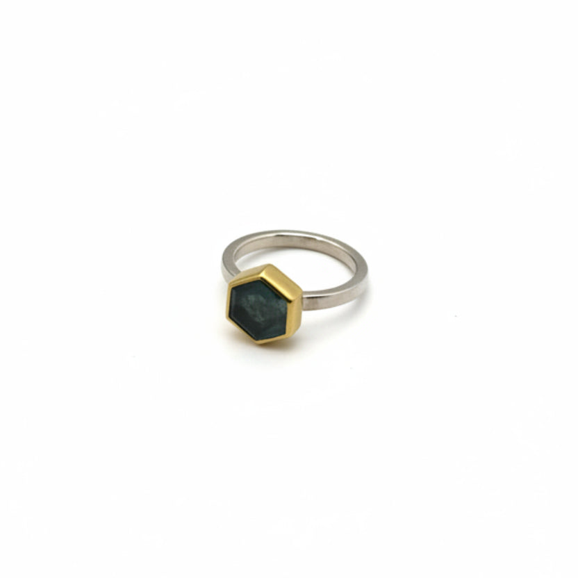 22k Gold & Sterling Silver Aqua Hexagon Slice Ring, SW26243, Sam Woehrmann
