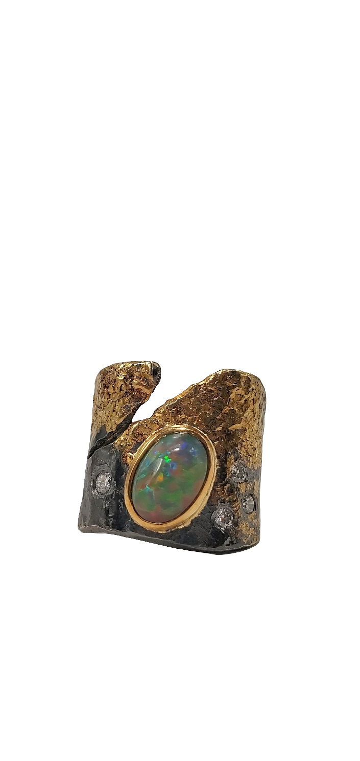 Ring in Oxidized Sterling Silver/22k Gold and Ethiopian Opal