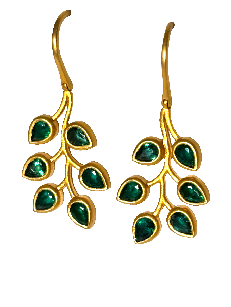 Six Leaf Emerald Branch Hook Earrings