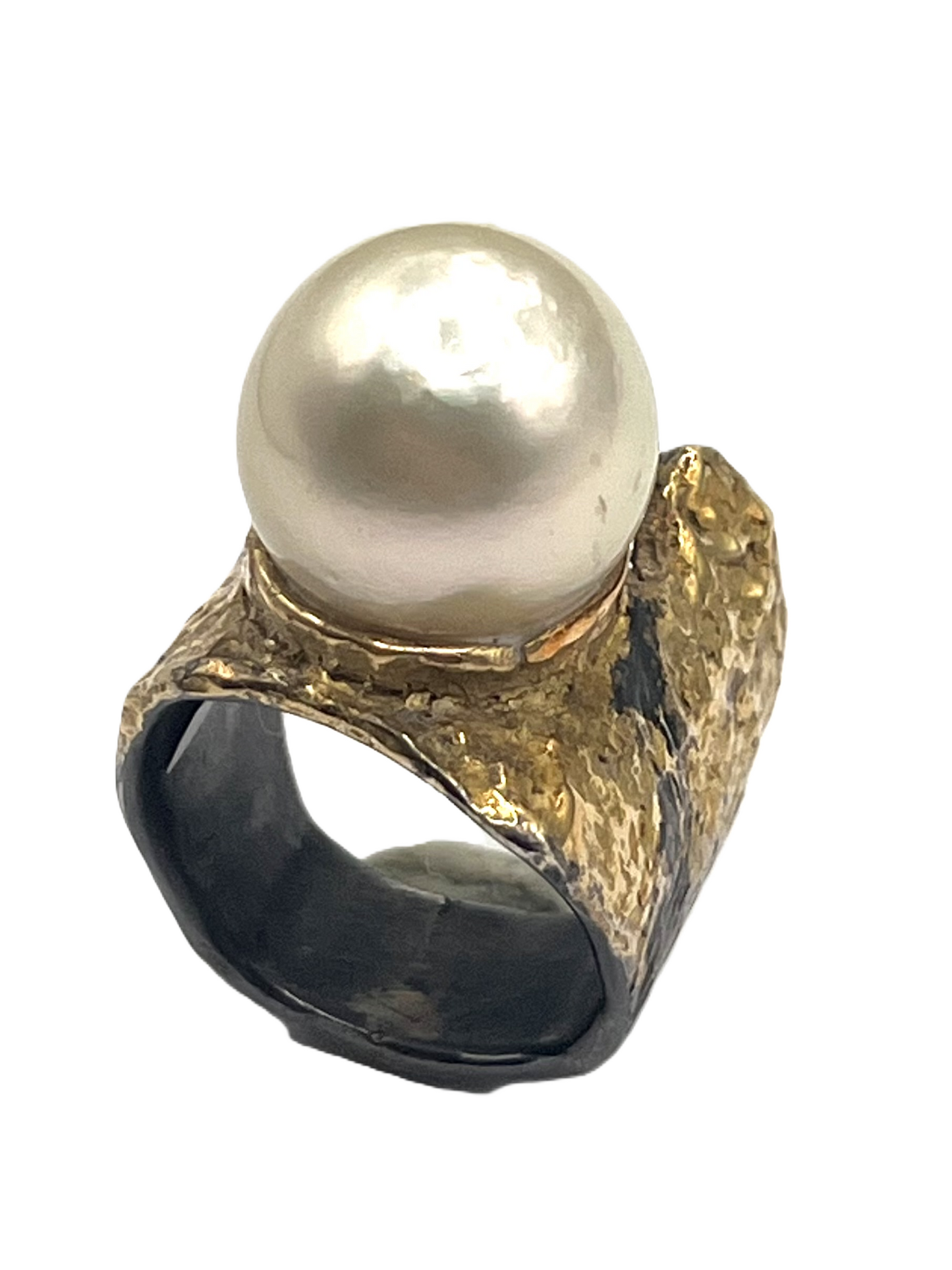 22k gold on oxidized sterling silver ring with baroque pearl