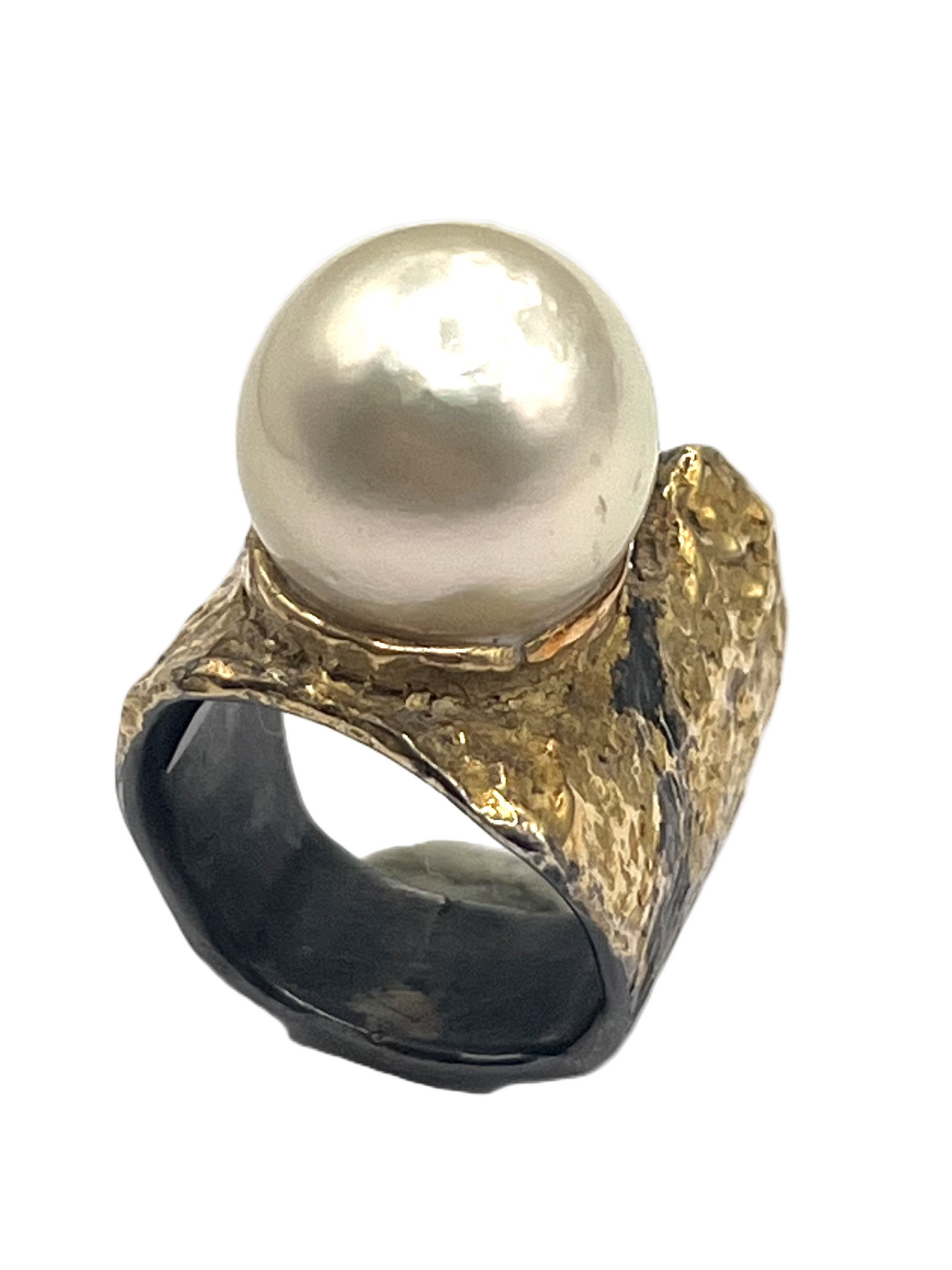 22kt gold on oxidized sterling silver ring with baroque pearl
