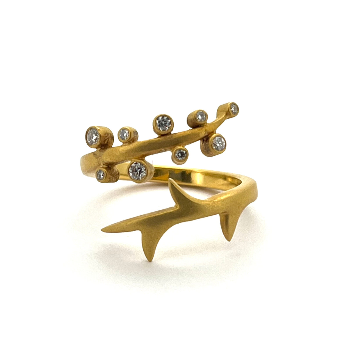 Matte 18kt Yellow Gold Tree Branch Diamond Ring, KSR121, Kanwar Singh