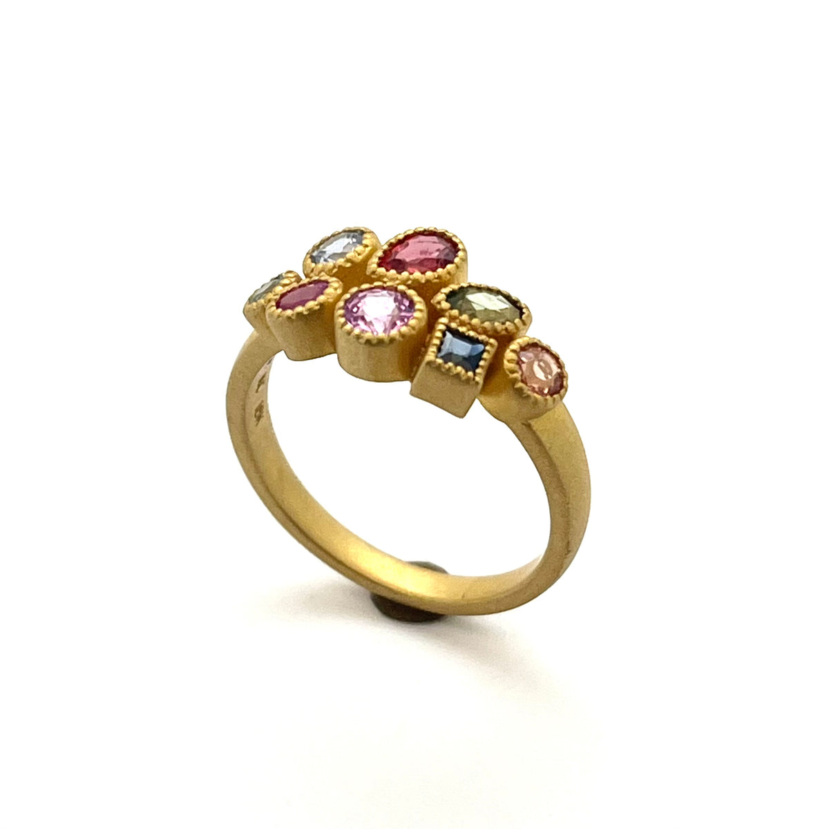 Matte 18kt Yellow Gold Multicolor Sapphire Half Crown Ring, KSR108, Kanwar Singh