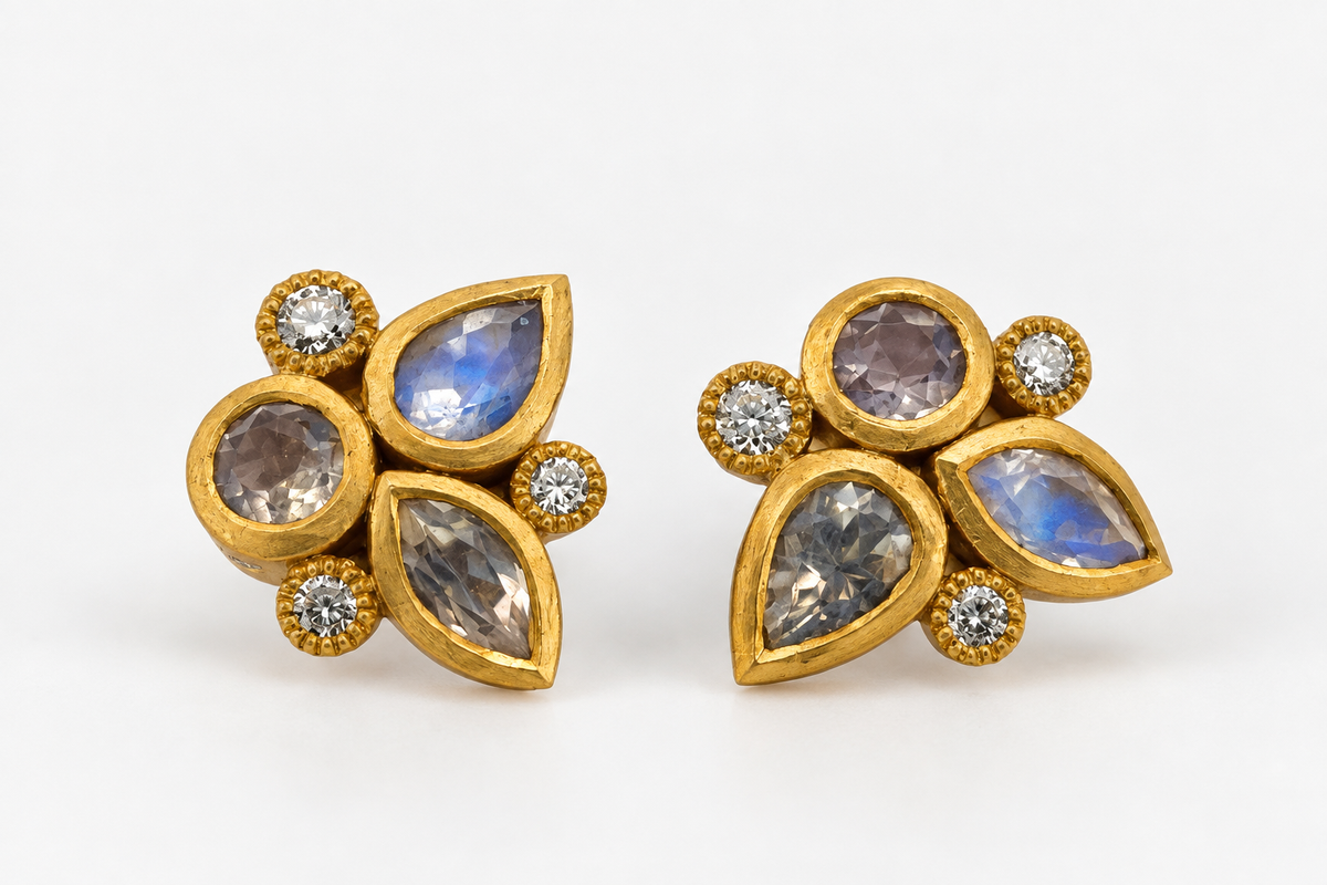Matte 18kt Yellow Gold Multi-shape Moonstone & Diamond Cluster Post Earrings, KSE049, Kanwar Singh