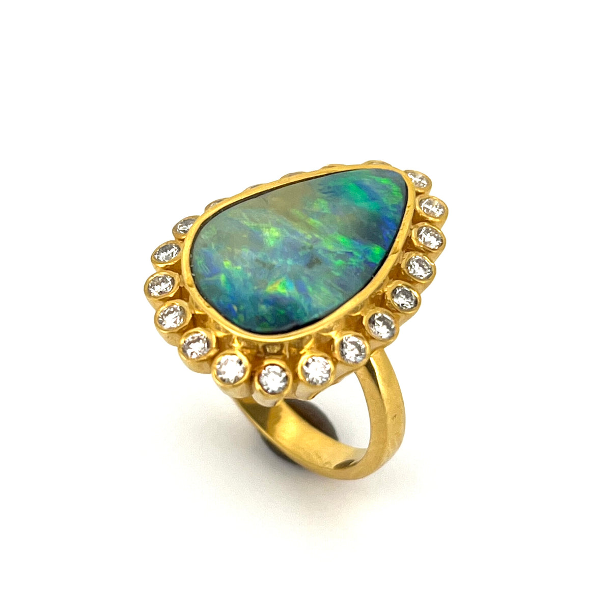 High-Polish 18K Yellow Gold Australian Opal & Diamond Bezel Ring, KSR181, Kanwar Singh