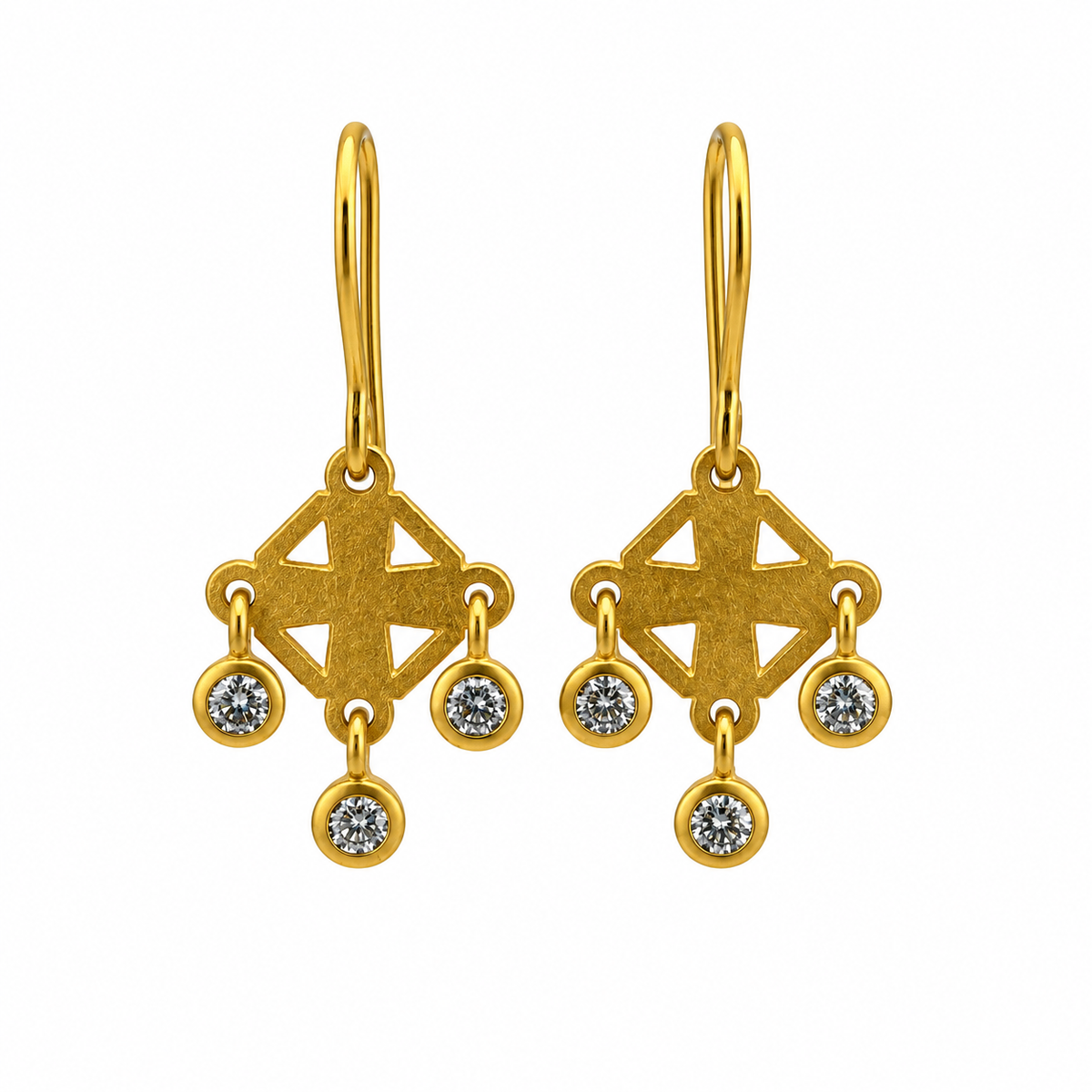 Matte 18kt Yellow Gold “Plus” Three-Diamond Hook Earrings, KSE035, Kanwar Singh