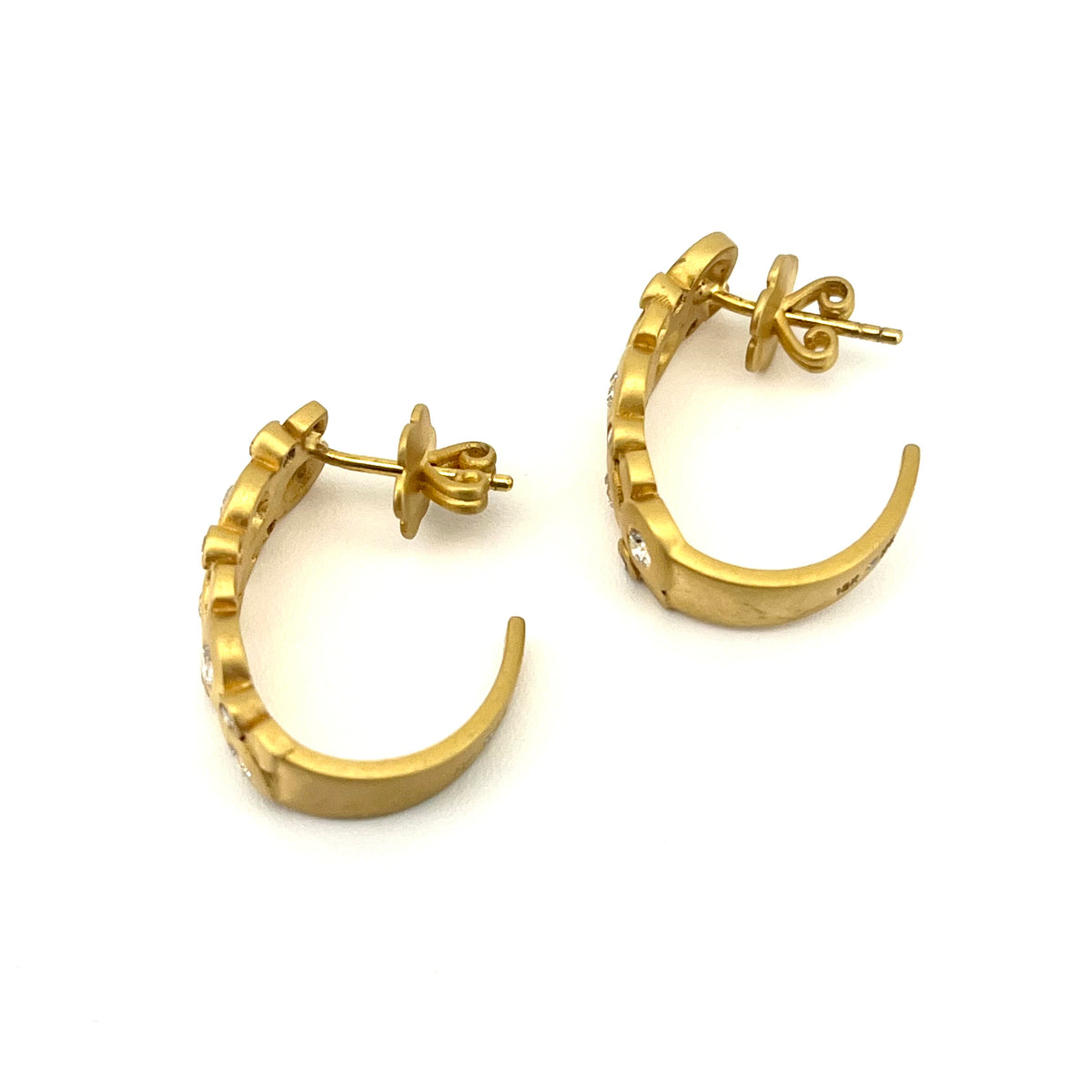 Matte 18kt Yellow Gold Bezel-Set Diamond Half Hoop Post Earrings, KSE048, Kanwar Singh
