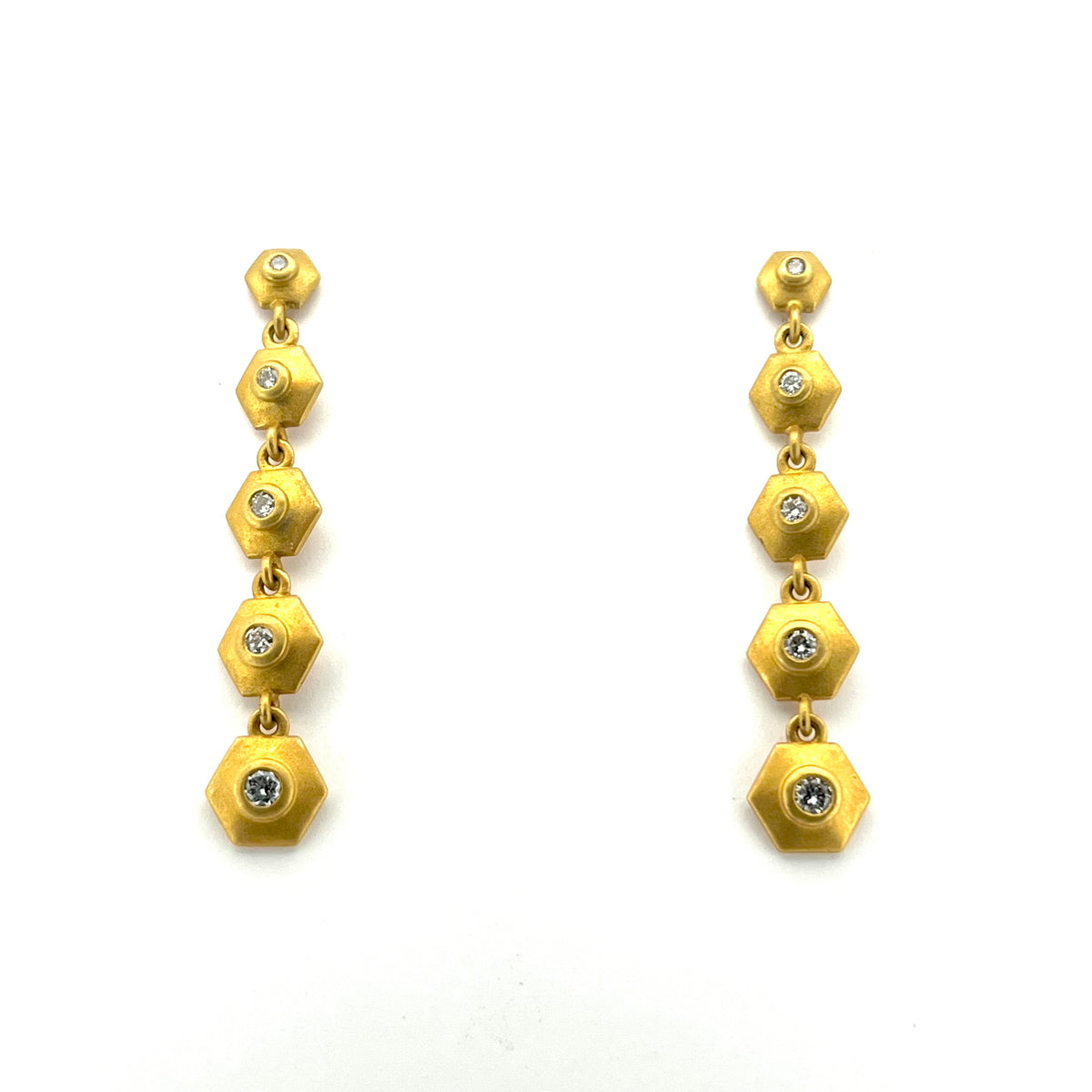 Matte 18kt Yellow Gold Hexagon 5 Diamond Hanging Post Earrings, KSE026, Kanwar Singh