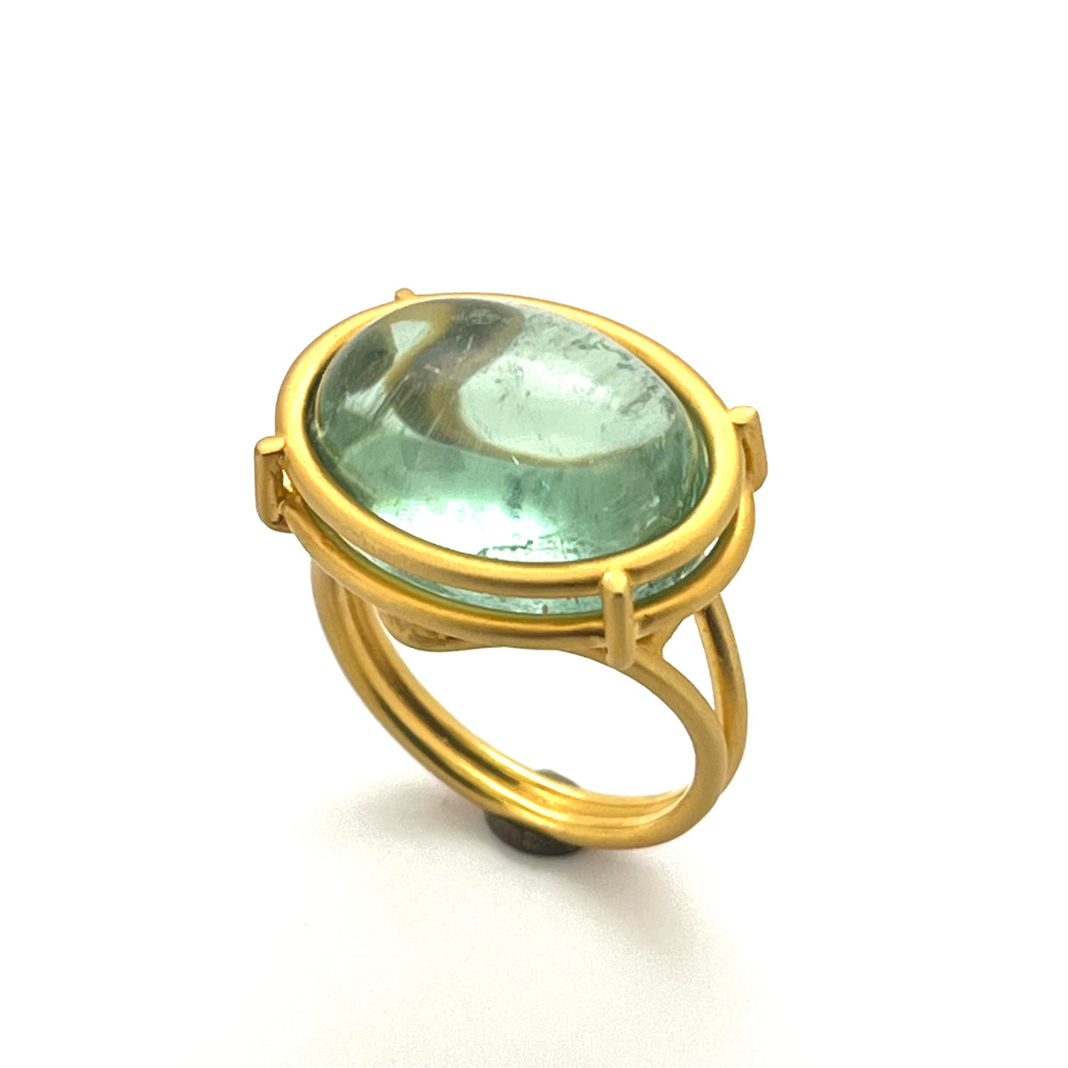 Matte 18kt Yellow Gold Light-Gauge Bezel-Set 14.6ct Green Tourmaline Cabochon Ring, KSR135, Kanwar Singh