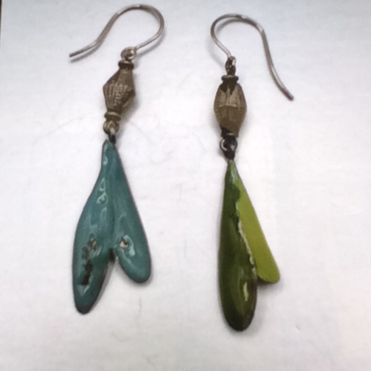 Earrings - Sterling Silver with green and teal leaves Enamel, KYK0381/20230578, Kyung Hee Kim