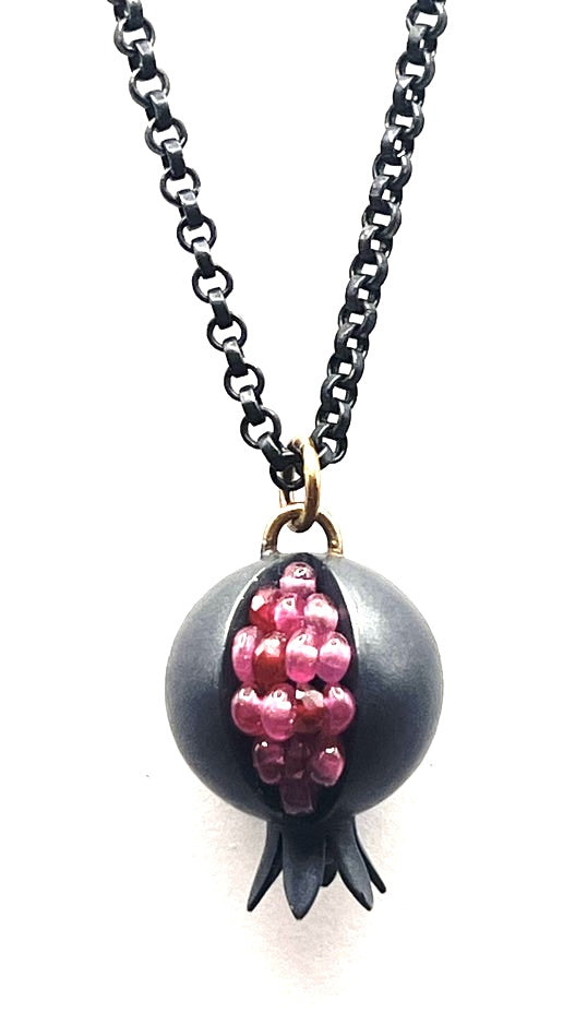 18kt Gold Bail, Oxidized Sterling Silver Pomegranate with Ruby and Pink Sapphire Beads Necklace