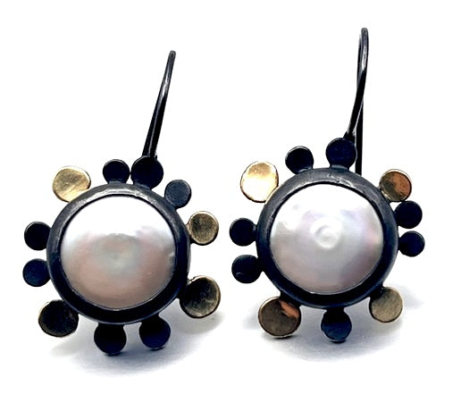 18kt Gold and Oxidized Sterling Silver with Baroque Pearls Earrings