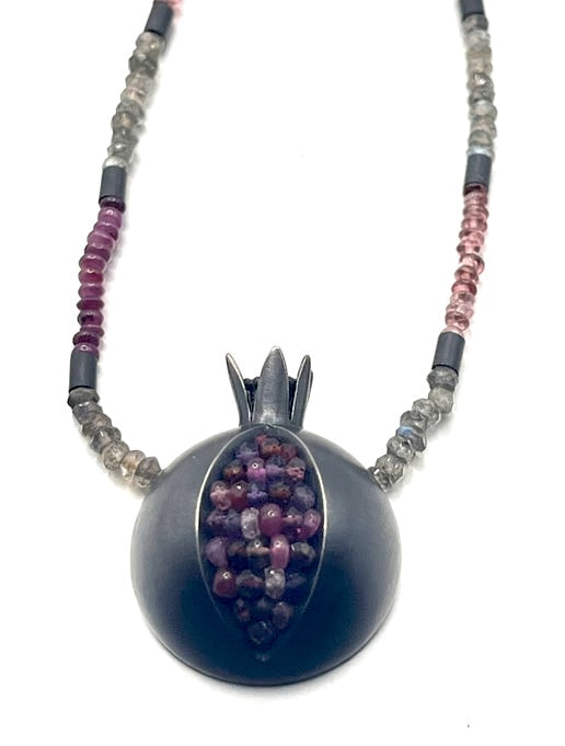 Oxidized Brushed SS with Mixed- Faceted Beads and Granulated Stamen Cluster with Half-sphere/flat back Necklace