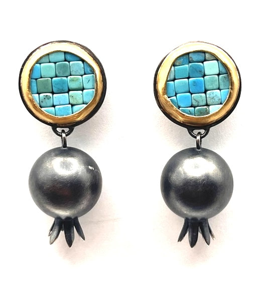 22kt Gold, Oxidized SS Round Sonoran Gold Turquoise Mosaic Earrings