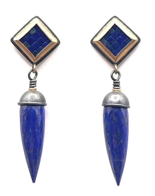 22kt and 18kt Gold, Oxidized Sterling Silver with Lapis Lazuli Earrings