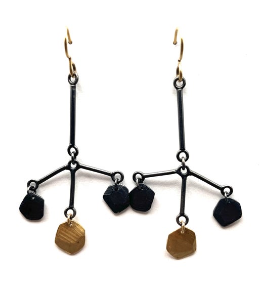 18k Gold with Oxidized Sterling Silver Triple Hexagon Earrings