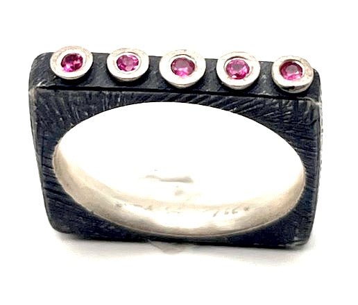 Oxidized Sterling Silver Ring with Pink Sapphires, Size 7.5, DA0246/2242, Dahlia Kanner