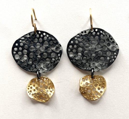 18k Gold with Oxidized Sterling Silver Double Dangle Pierced Disc Earrings