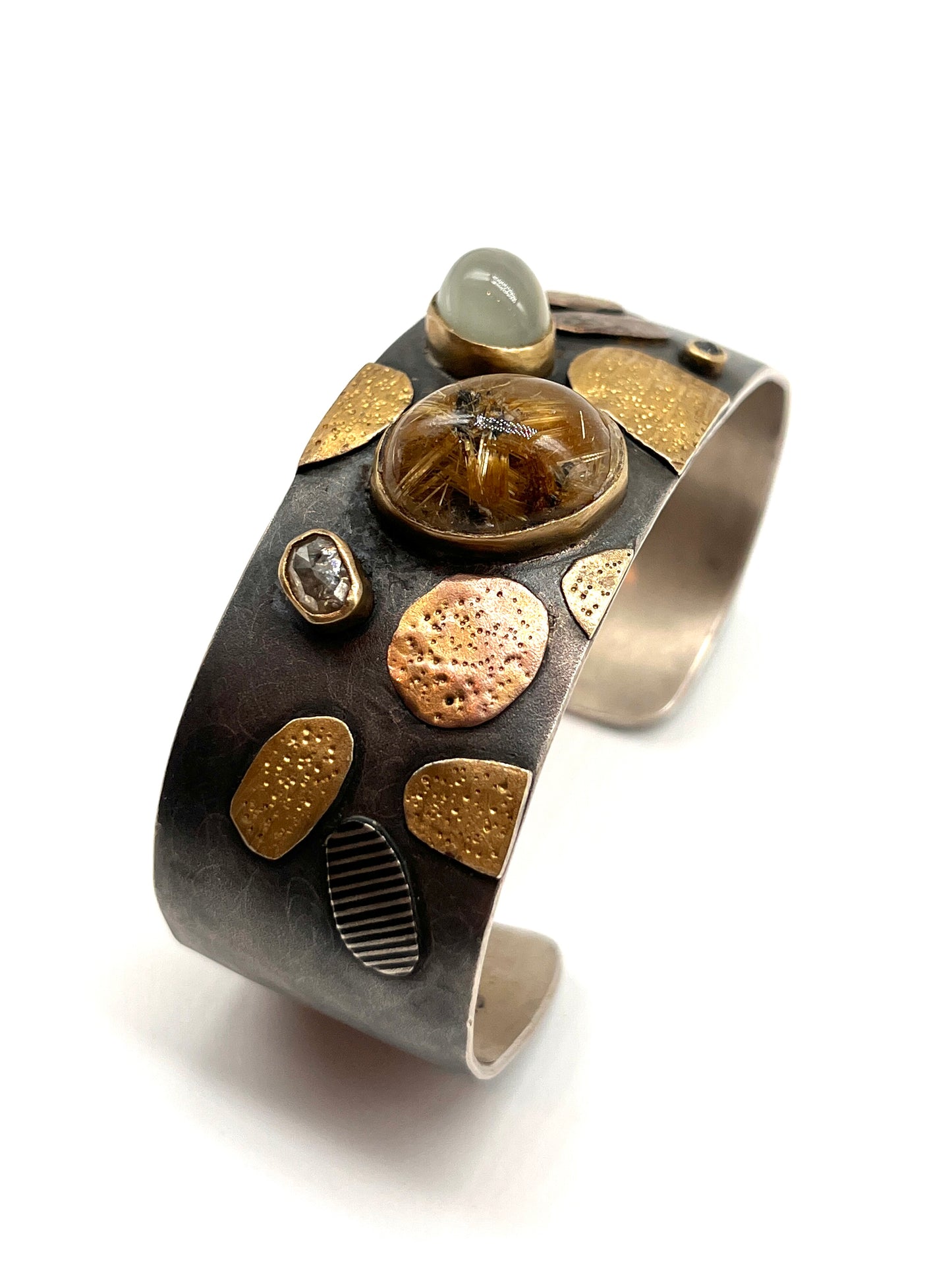 Oxidized Silver MoKume Gane Ring with Rutilated Quartz & Diamond, FB0113, Lynda Bahr