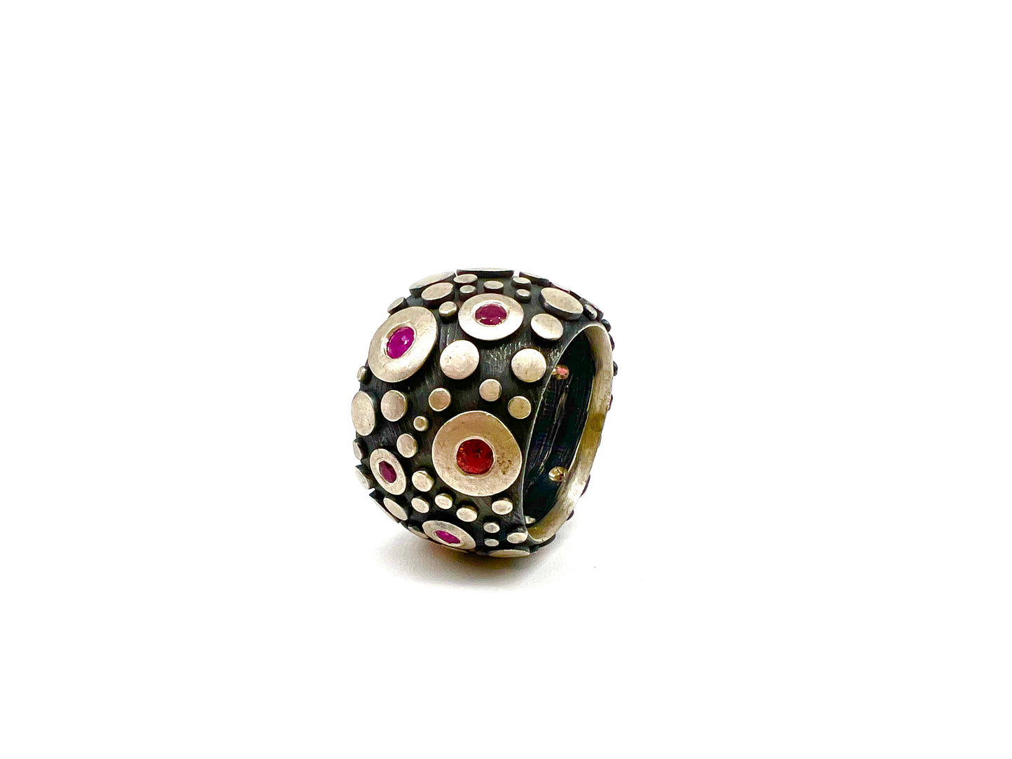 Oxidized Sterling Silver Ring with Red, Hot Pink and Orange Sapphires