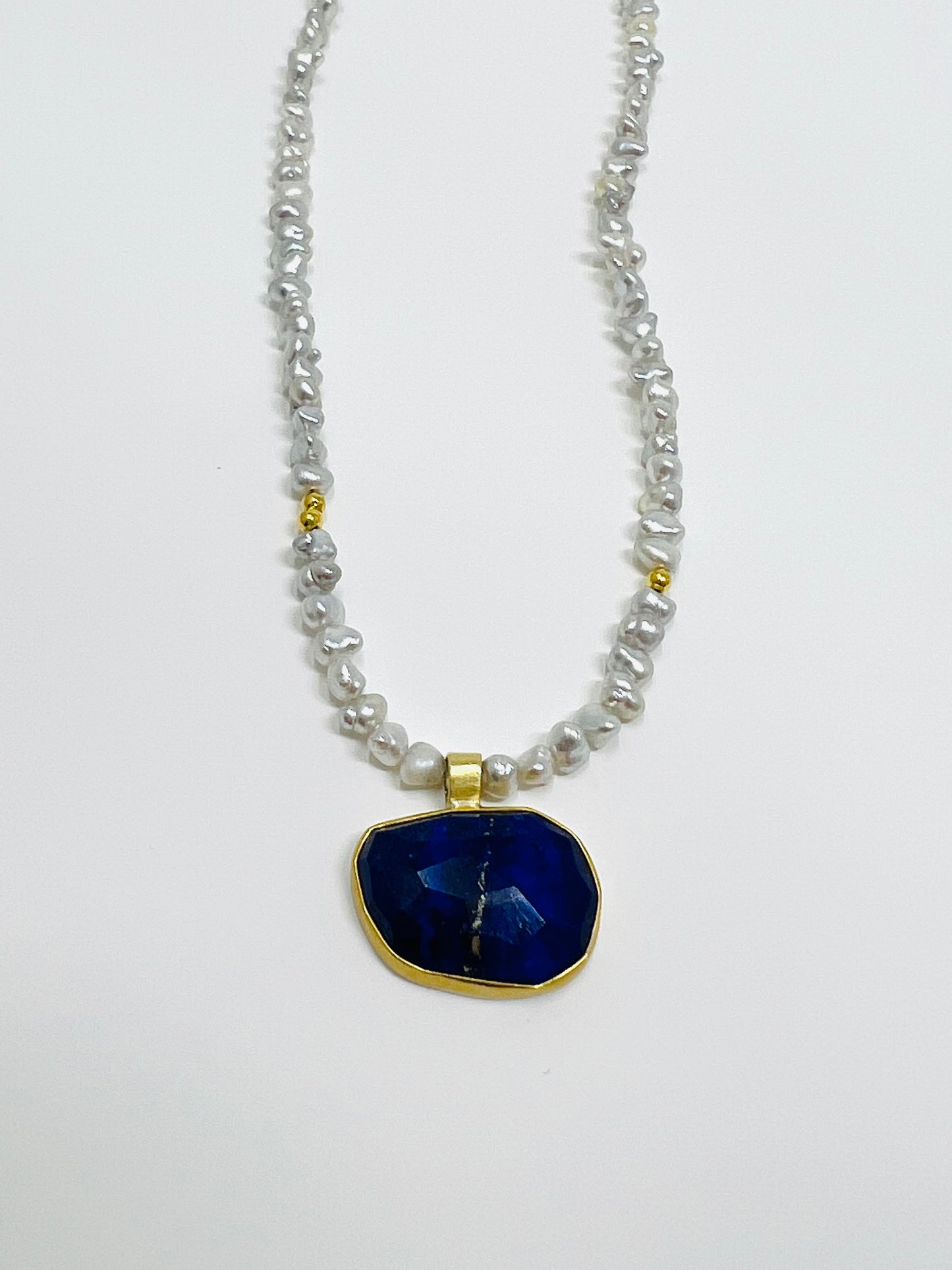 Lapis 9 cts, Keshi pearls, 22k bezel, 22k beads, 18 bail, clasp, jump rings, ss Necklace