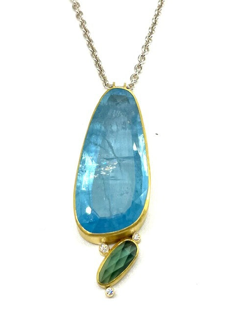 Aquamarine, Green Tourmaline and Diamond Pendant