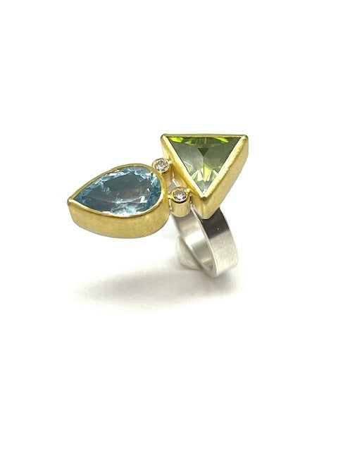 Triangle Shape Peridot and Pear Shape Aquamarine Ring