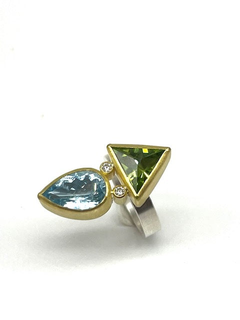 Triangle Shape Peridot and Pear Shape Aquamarine Ring