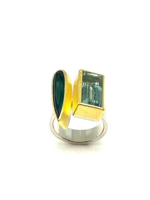 Aquamarine , Green Tourmaline, 22kt Gold, Sterling Silver Drop Ring