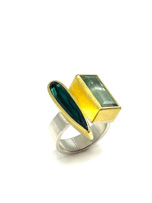 Aquamarine , Green Tourmaline, 22kt Gold, Sterling Silver Drop Ring