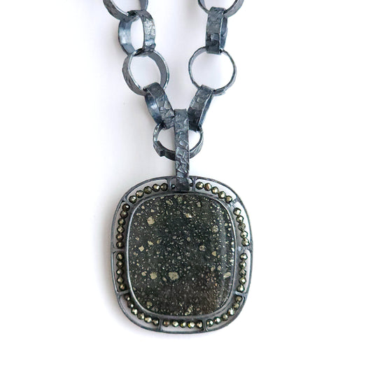 OOAK Oxidized Sterling Silver Pendant with Bezel-Border Pyrite & Marcasite, HG2514, Heather Guidero