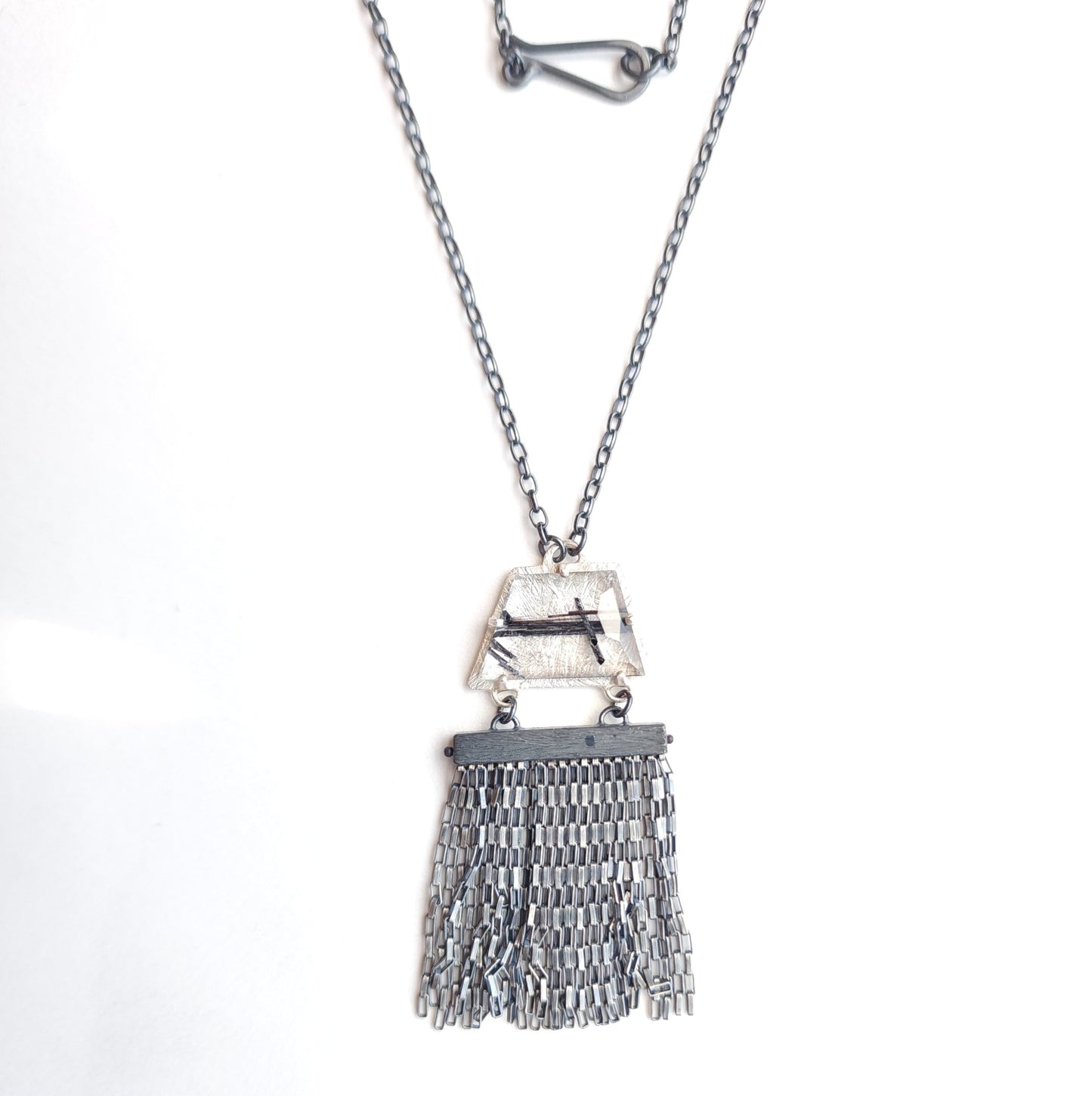 Oxidized Sterling Silver Necklace with Prong-Set Trapezoid Tourmalated Quartz Fringe, HG2512, Heather Guidero