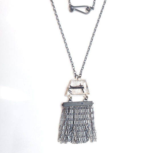 Oxidized Sterling Silver Necklace with Prong-Set Trapezoid Tourmalated Quartz Fringe, HG2512, Heather Guidero