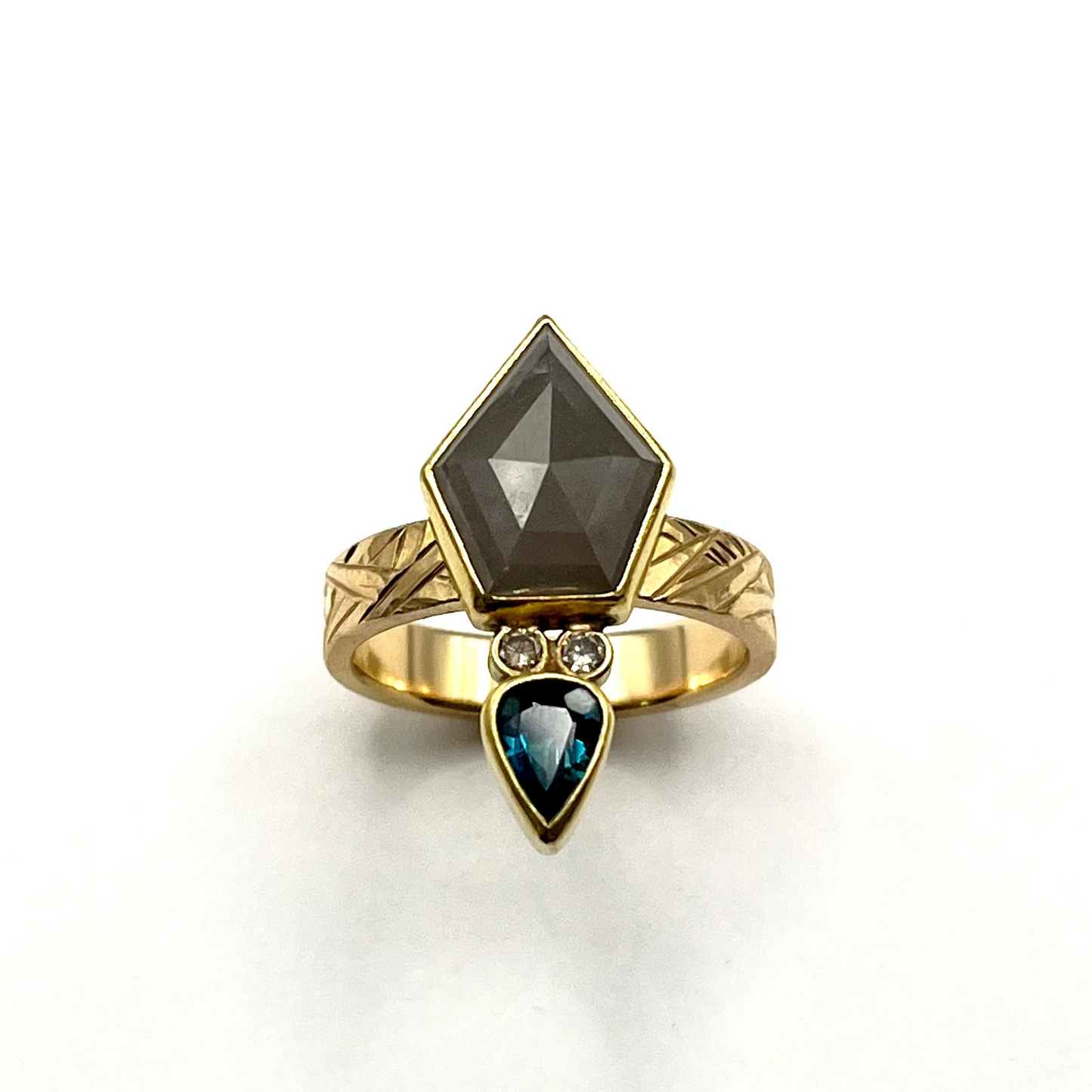 22kt & 18kt Gold Grey Diamond & Blue Tourmaline Ring with Engraved Band, SW26219, Sam Woehrmann