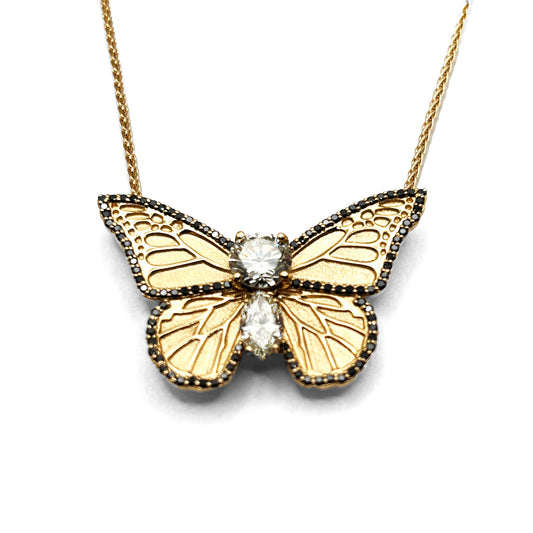 14K Yellow Gold Butterfly Diamond Pendant Necklace