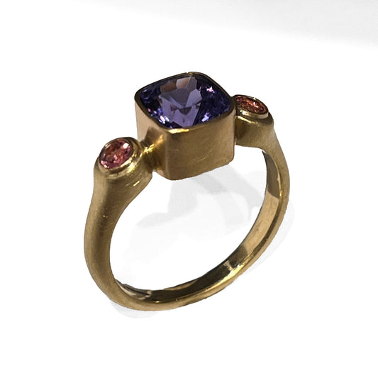 18K Yellow Gold Bezel-Set Cushion Cut Tanzanite & Pink Tourmaline Ring
