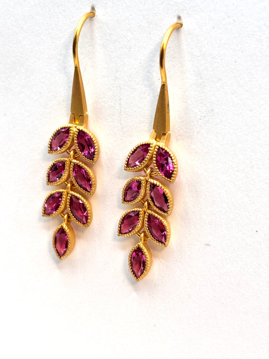 Yellow Gold Pink Tourmaline Leaf Hook Earring