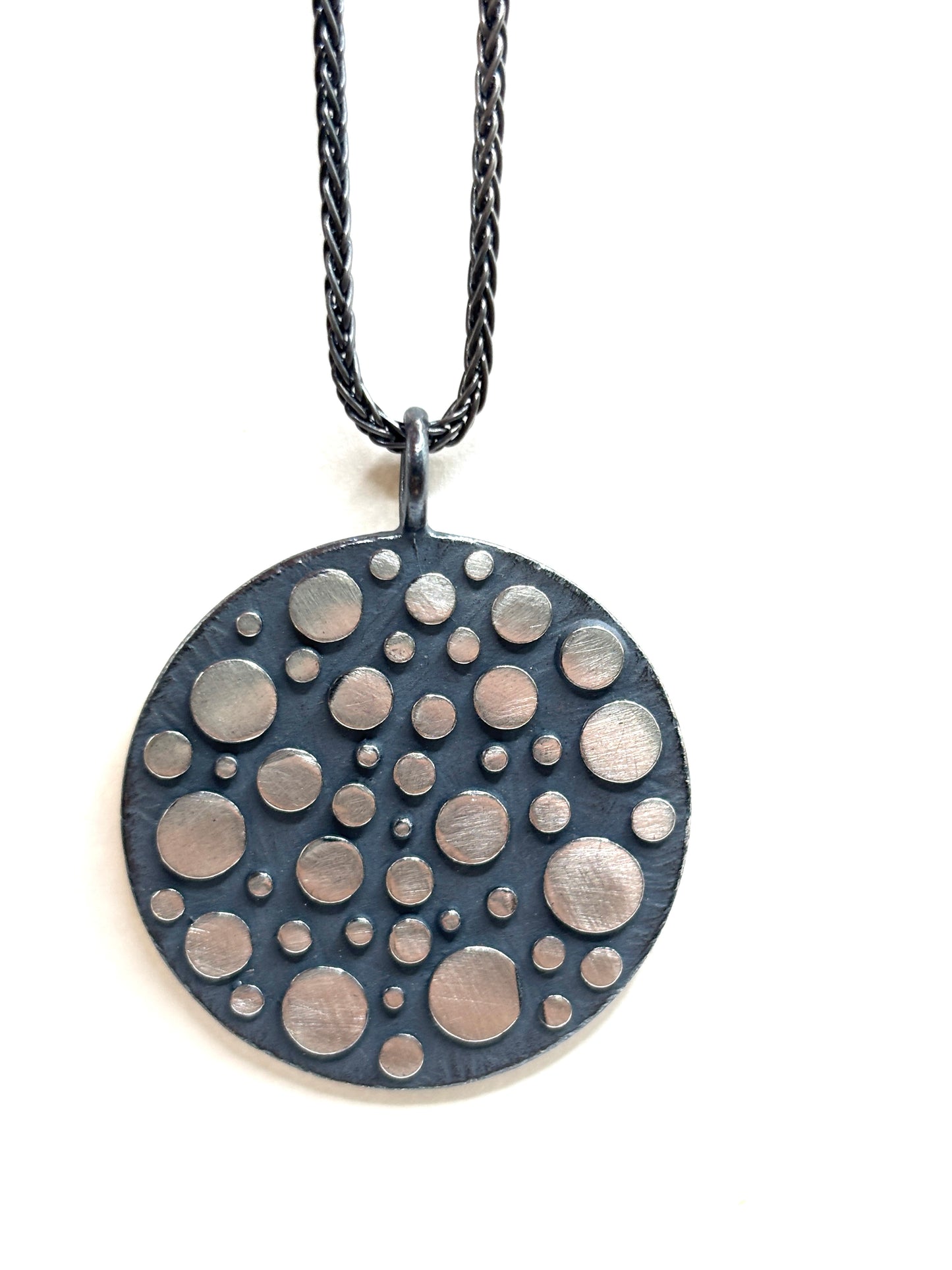 Bumpy Disco Large Flat Pendant Cast In Oxidized Sterling Silver, DK26-05