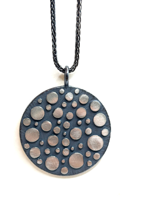 Bumpy Disco Large Flat Pendant Cast In Oxidized Sterling Silver, DK26-05