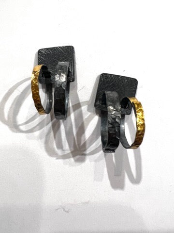 22k Gold and Oxidized Sterling Silver Geometric Double Loop Earrings
