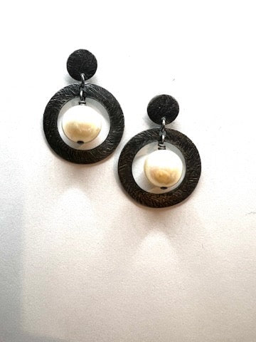 Oxidized Sterling Silver Open Circles with Dangling Pearl on Circles with Posts Earrings