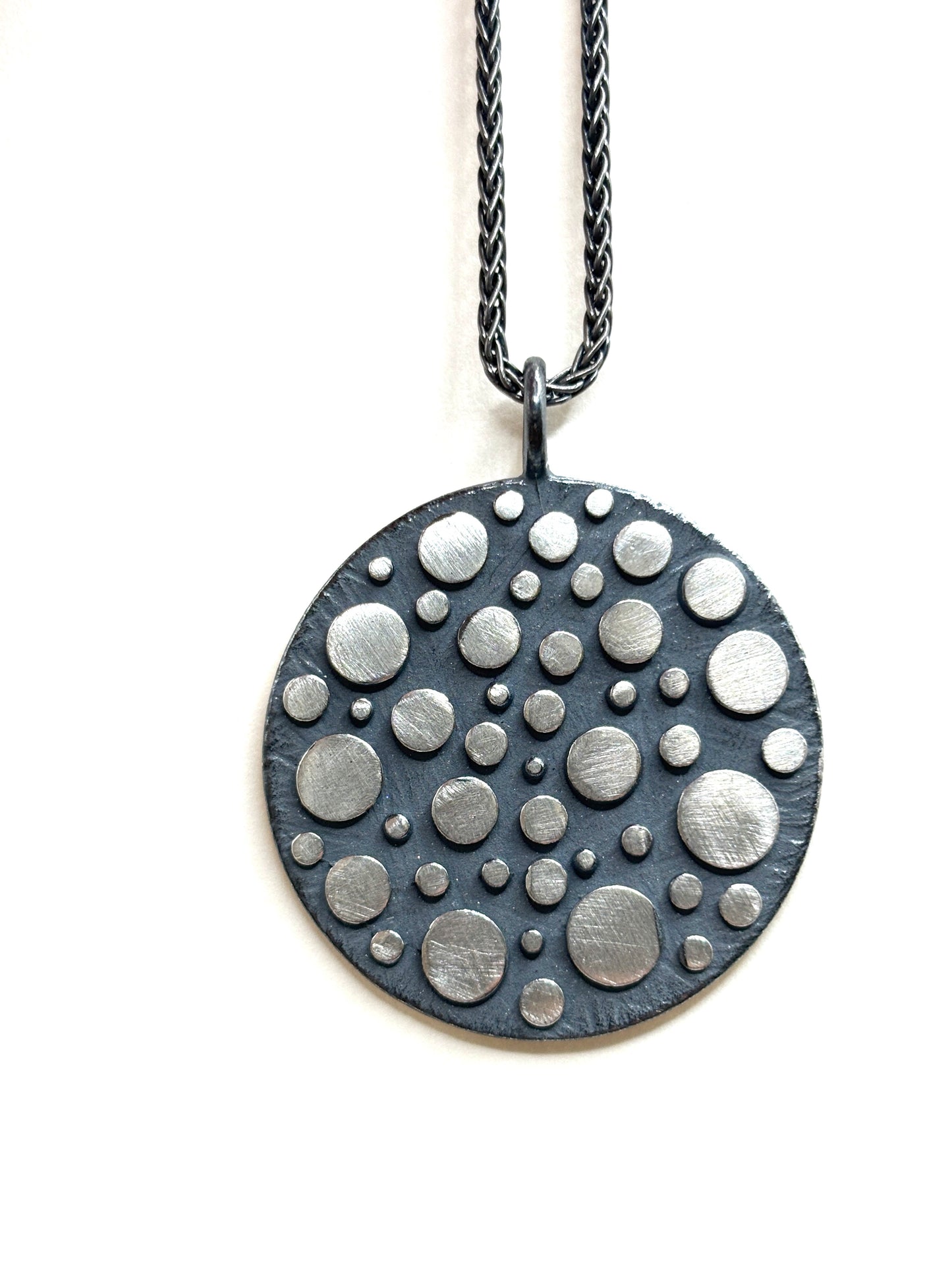Bumpy Disco Large Flat Pendant Cast In Oxidized Sterling Silver, DK26-05