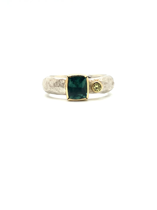 Faceted Ring, Sterling Silver. 18kt Gold, Green Tourmaline, Yellow Sapphire