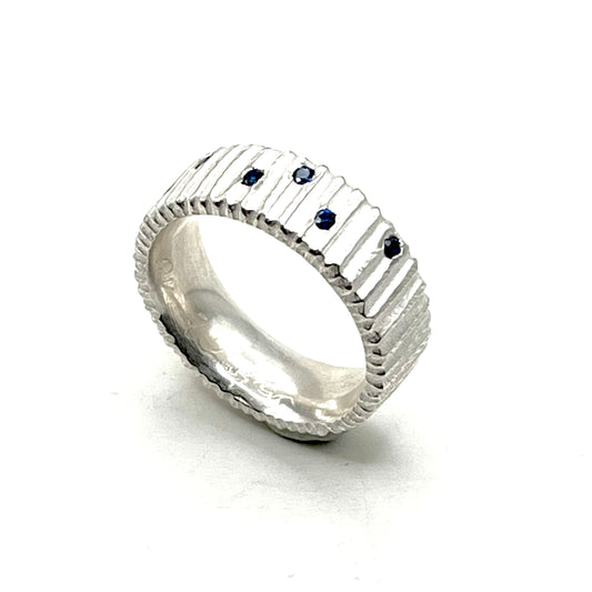 Sterling Silver Flat Vertical Dig Ring with Sapphires- Size 8, DK2515, Dahlia Kanner