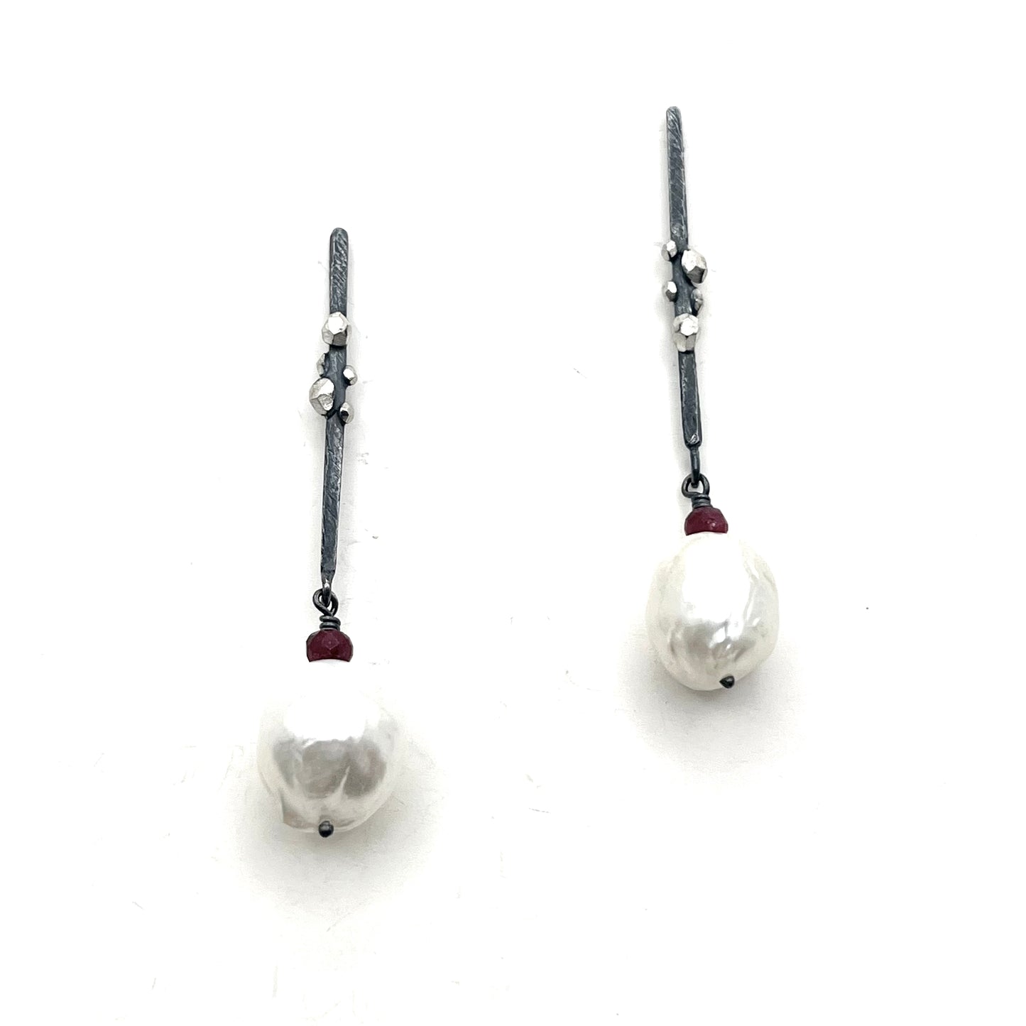 Oxidized Sterling Silver Little Rock Long Pearl & Ruby Earrings, DK2523, Dahlia Kanner