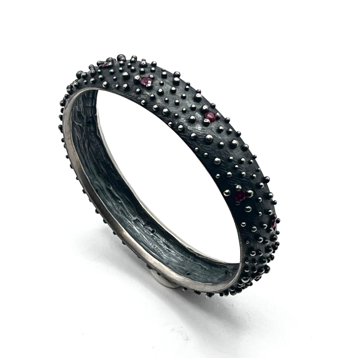 Sterling Silver with Rubies Bumpy 1/2 Round Bangle Bracelet, DA0294-B4, Dahlia Kanner