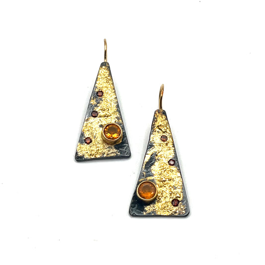 22K & 18K Gold, Sterling Silver Earrings with Orange Opal and Colored Diamonds, G-25-4, Goph Albitz